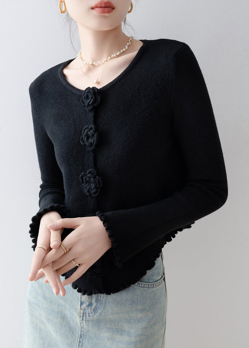 French Black O Neck Ruffled Knitted Tops Spring