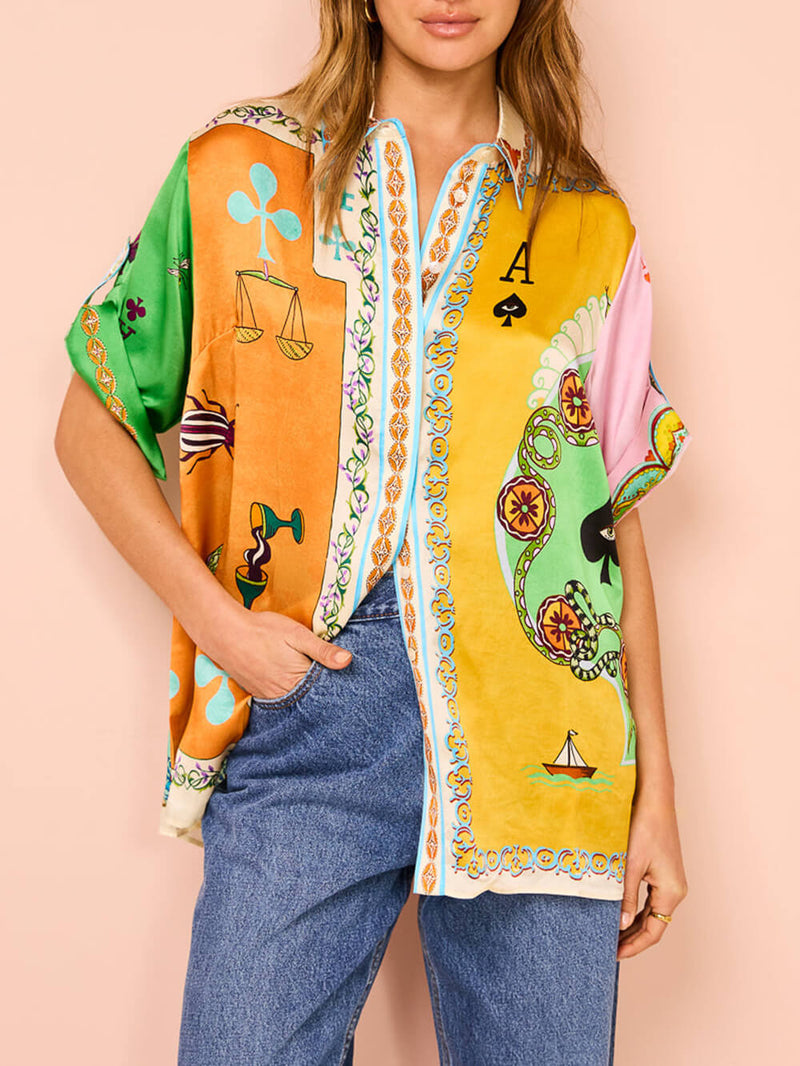 Summer Unique Funny Print Button Down Oversized Blouse