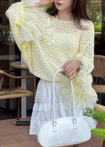 White Hollow Out Patchwork Knit Sweater Fall
