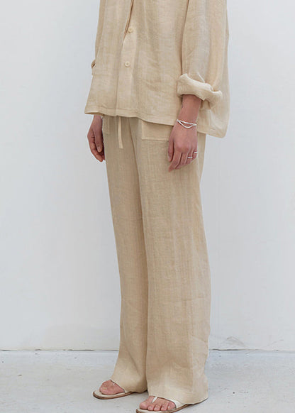 Beige Pockets Lace Up Linen Straight Pants Spring
