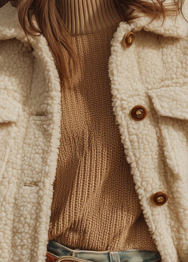 New White Peter Pan Collar Button Faux Fur Coat Winter