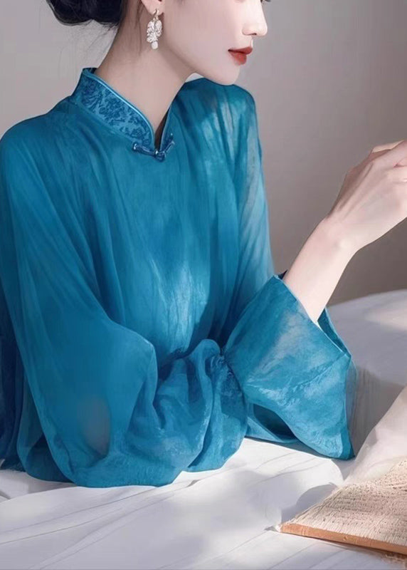 Blue Stand Collar Chiffon Shirts Spring