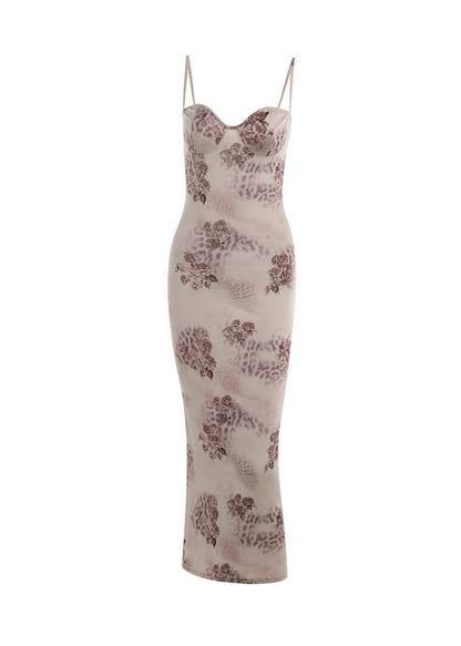Stylish Khaki Print Slim Fit Silk Spaghetti Strap Dress Summer