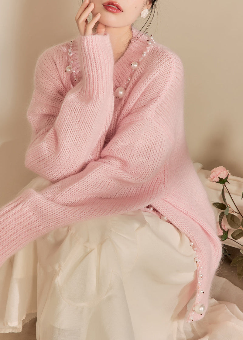 Pink O-neck Nail Bead Thick Cotton Knit Sweaters Winter