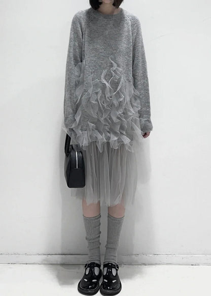 Art Grey Ruffled Tulle Patchwork Knit Dress Fall