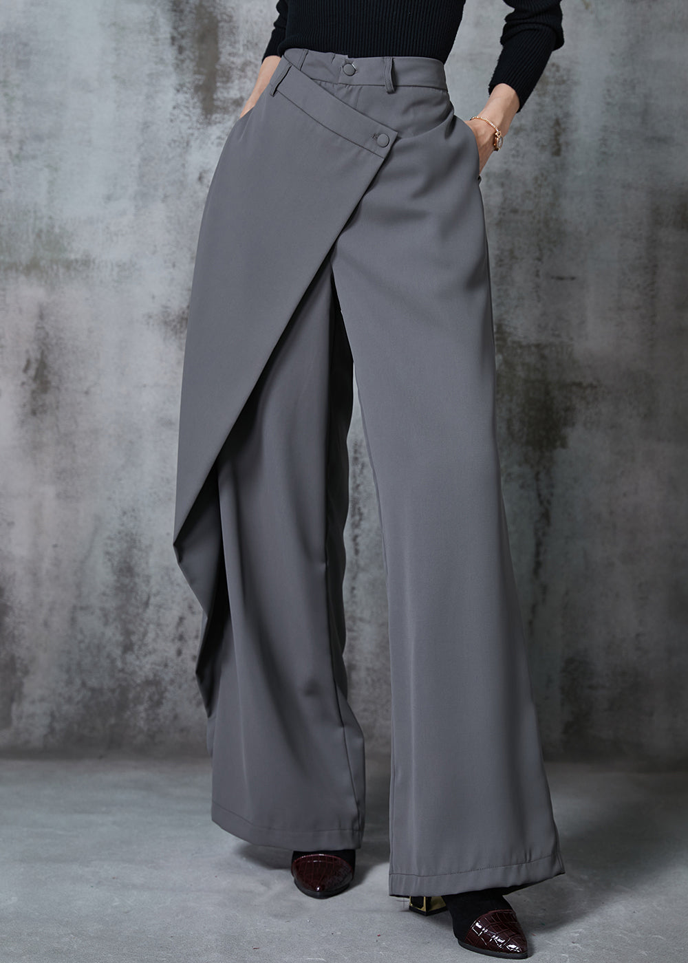 Grey Asymmetrical Silm Fit Spandex Straight Pants Fall