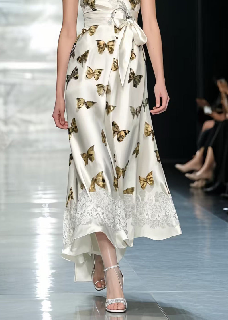 Butterfly Print Draping Silk Bow Dresses Summer