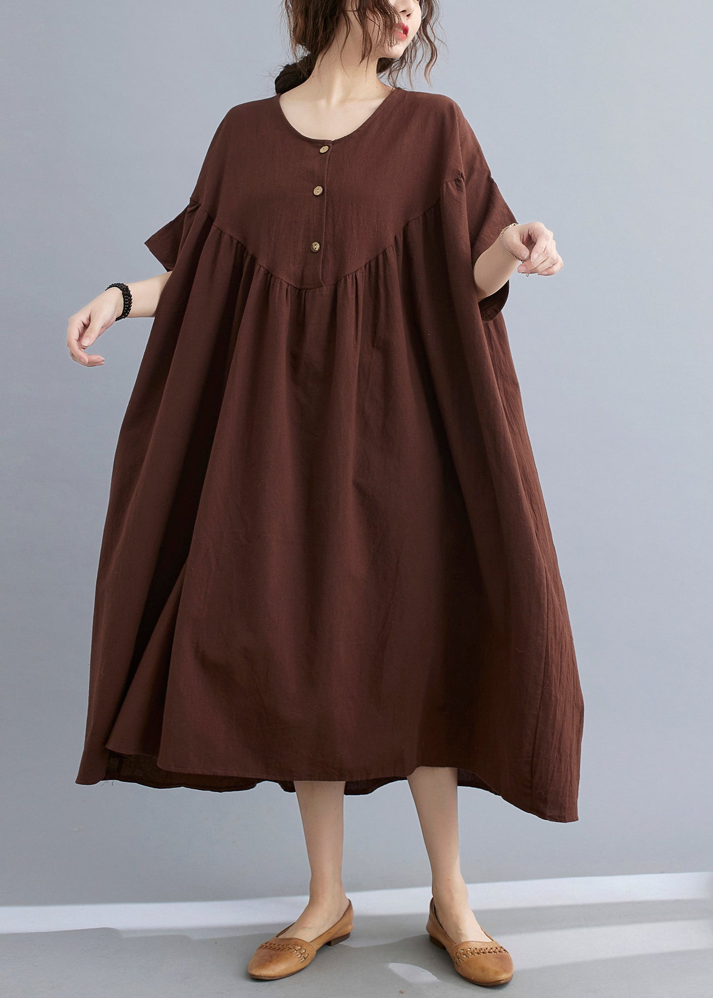 Coffee O-neck Wrinkled Maxi Dresses Summer