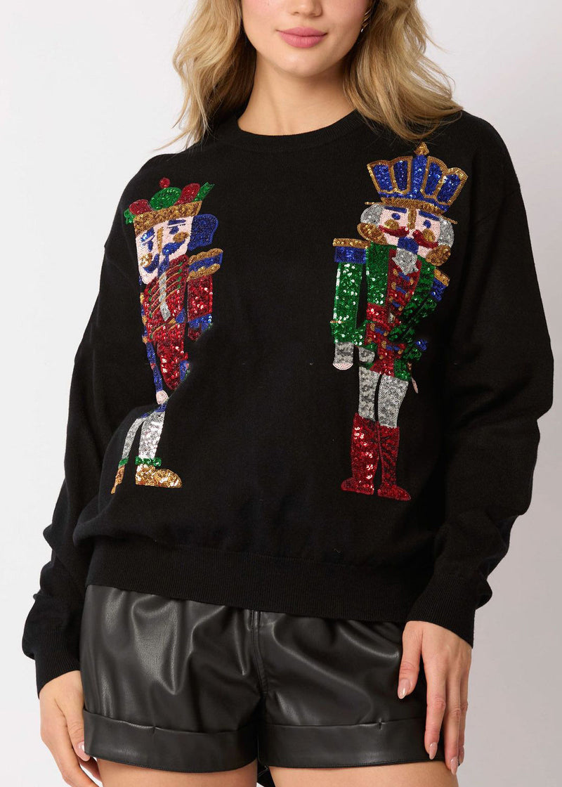 Black O Neck Soldiers Sequins Cotton Sweatshirts Top Winter