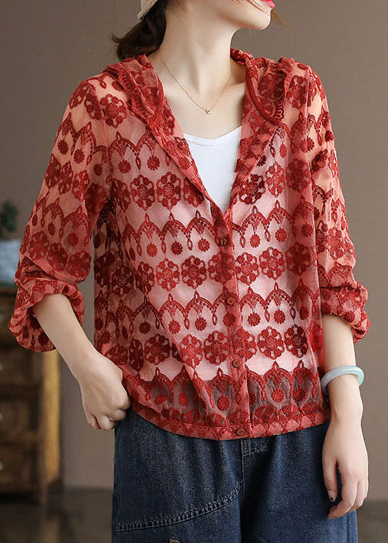 Handmade Red Embroidered Patchwork Cotton Hooded Coat Long Sleeve