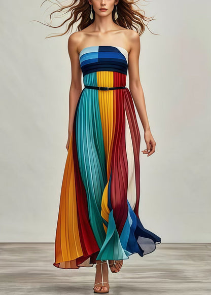 Italian Multicolor Patchwork Silm Fit Chiffon Strapless Pleated Dresses Summer