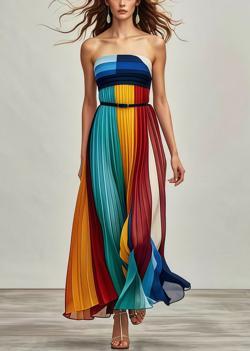 Italian Multicolor Patchwork Silm Fit Chiffon Strapless Pleated Dresses Summer