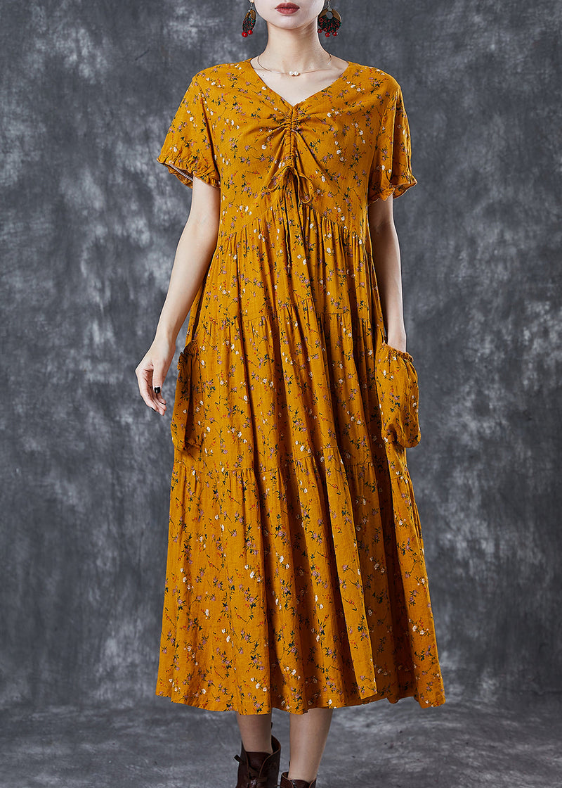 Yellow Cinched Print Cotton Dress Summer