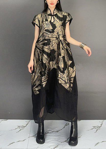 Gold Stand Collar Print Patchwork Cottondresses Summer