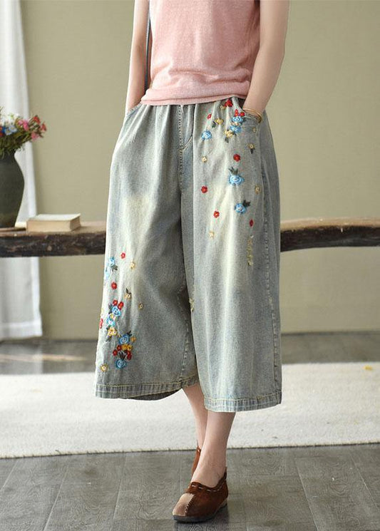 Comfy Grey Embroidered Wide Leg Denim Pants for
