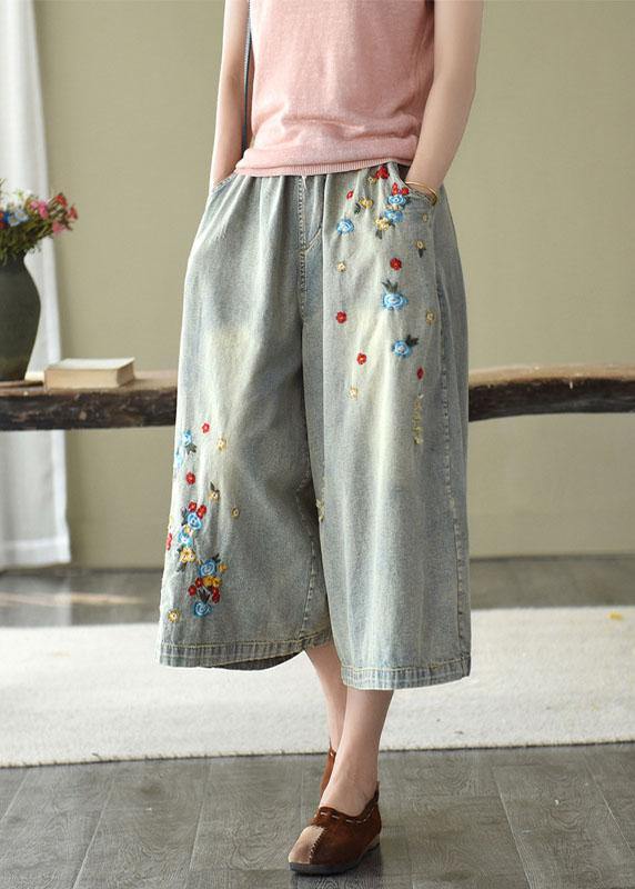 Comfy Dark Color Embroidered Hole Wide Leg Denim Pants
