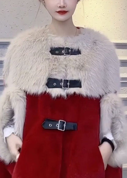 Red Fluffy Pockets Patchwork Cape Coats Spring