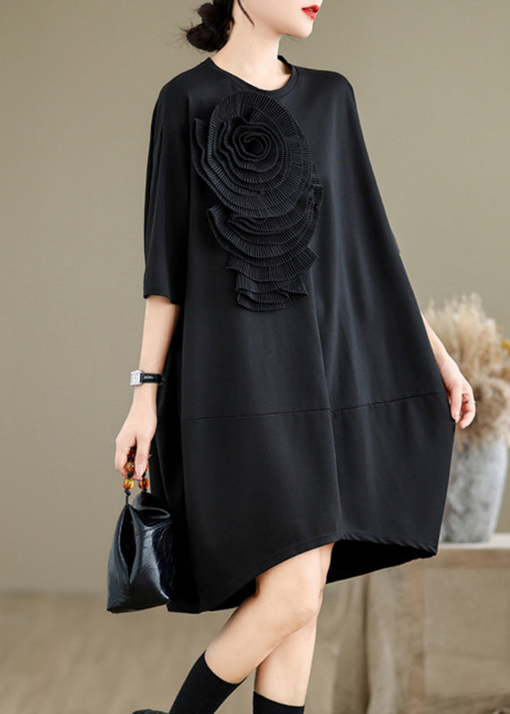 French Black O-neck Wrinkled Long Dresses Summer