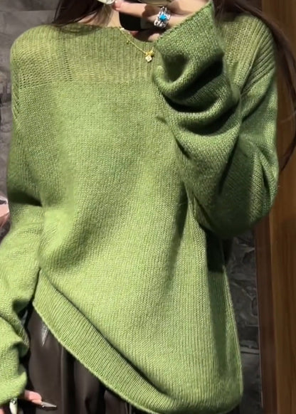 Green O Neck Hollow Out Cozy Knit Sweaters Fall