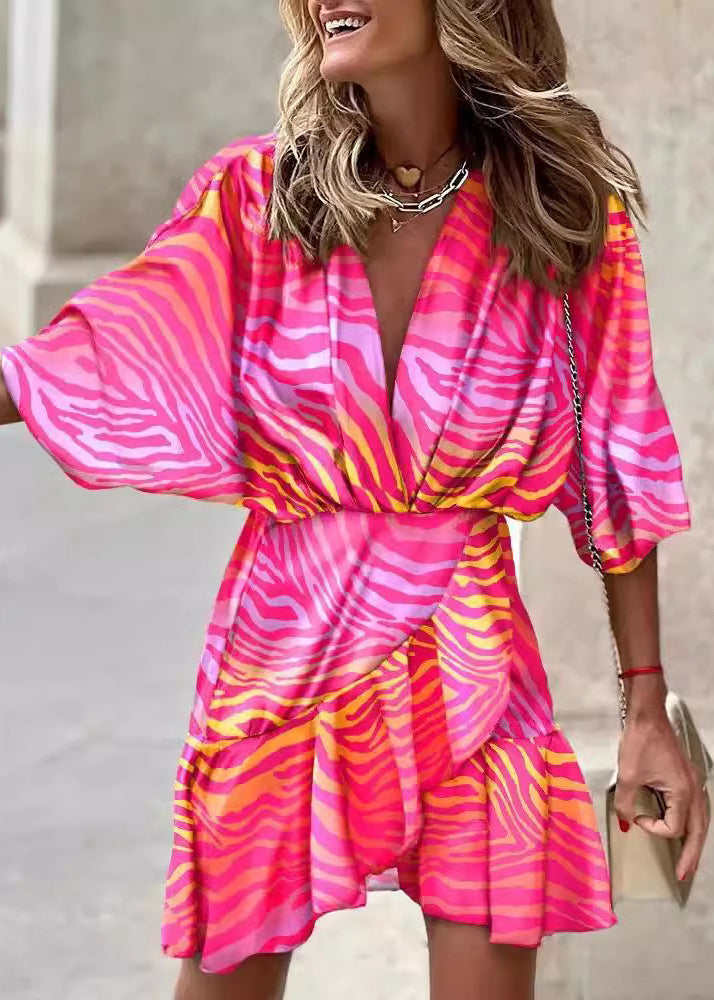 New Orange V Neck Print Asymmetrical Design Cotton Mid Dress Batwing Sleeve