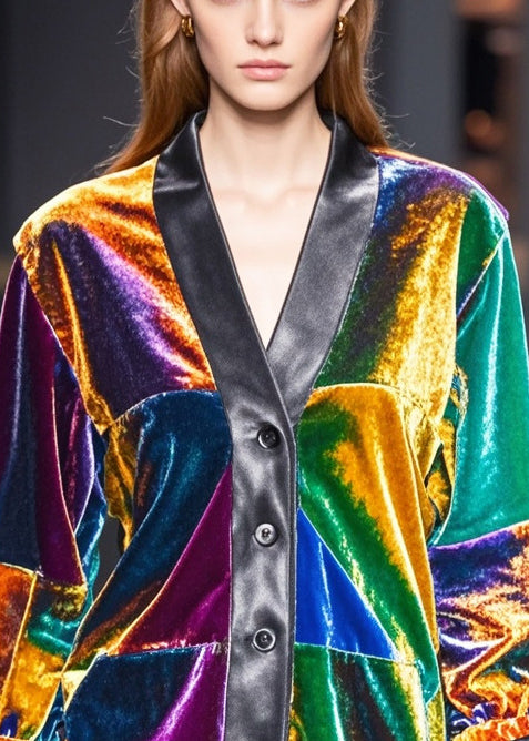 Multicolou V Neck Patchwork Silk Velour Coats Fall