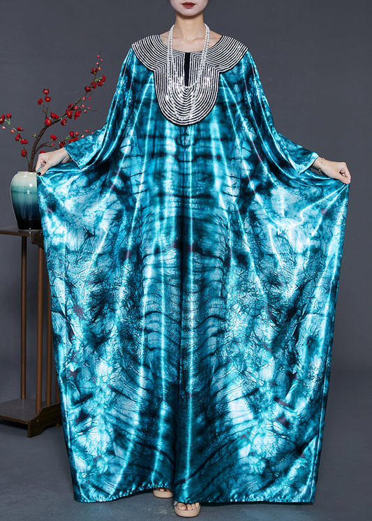 Green Oversized Tie Dye Silk Dress Batwing Sleeve