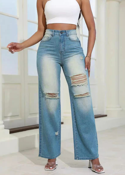 Stylish Blue Hole High Waist Denim Wide Leg Pants Summer