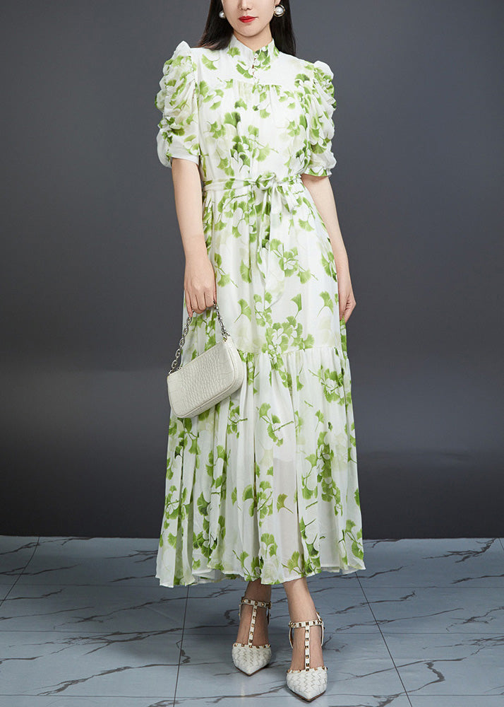 Green Wrinkled Print Tie Waist Chiffon Dress Summer