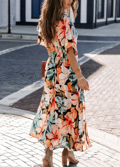 Orange V Neck Print Side Open Chiffon Dresses Summer