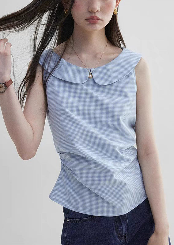 Blue Peter Pan Collar Plaid Cotton Shirt Sleeveless