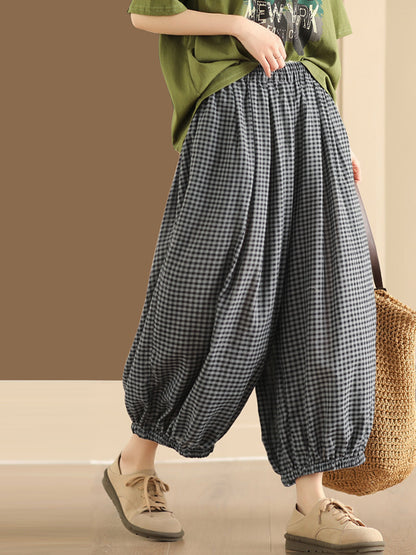 Summer Plaid Cotton Harem Pants