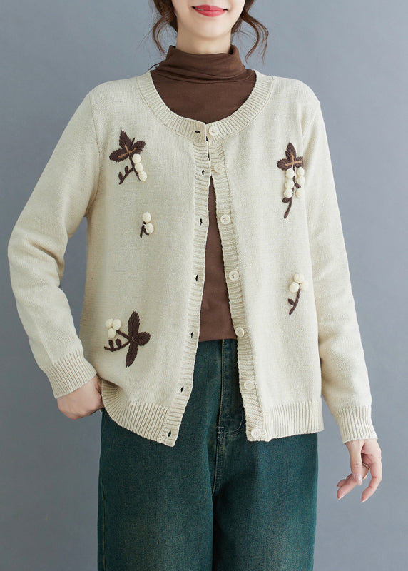 Handmade Beige Embroideried Knit Cardigan Winter