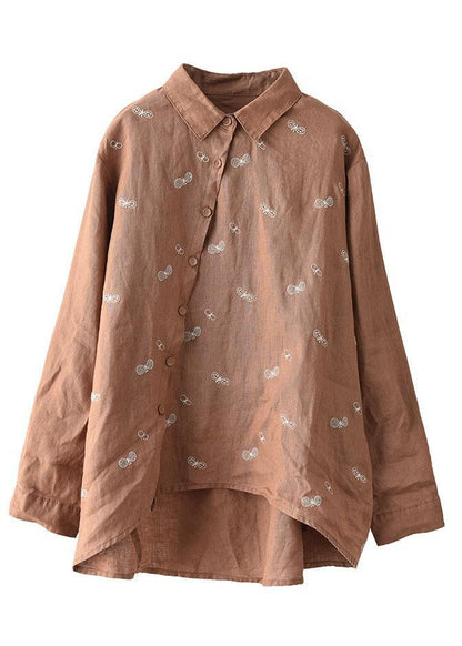 Khaki Peter Pan Collar Button Fall Asymmetrical Design Top Long Sleeve