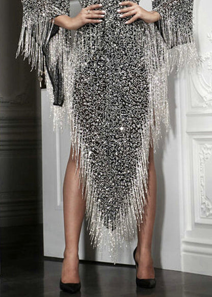 Handmade Silver Asymmetrical Tasseled Sequins Party Dress Batwing Sleeve