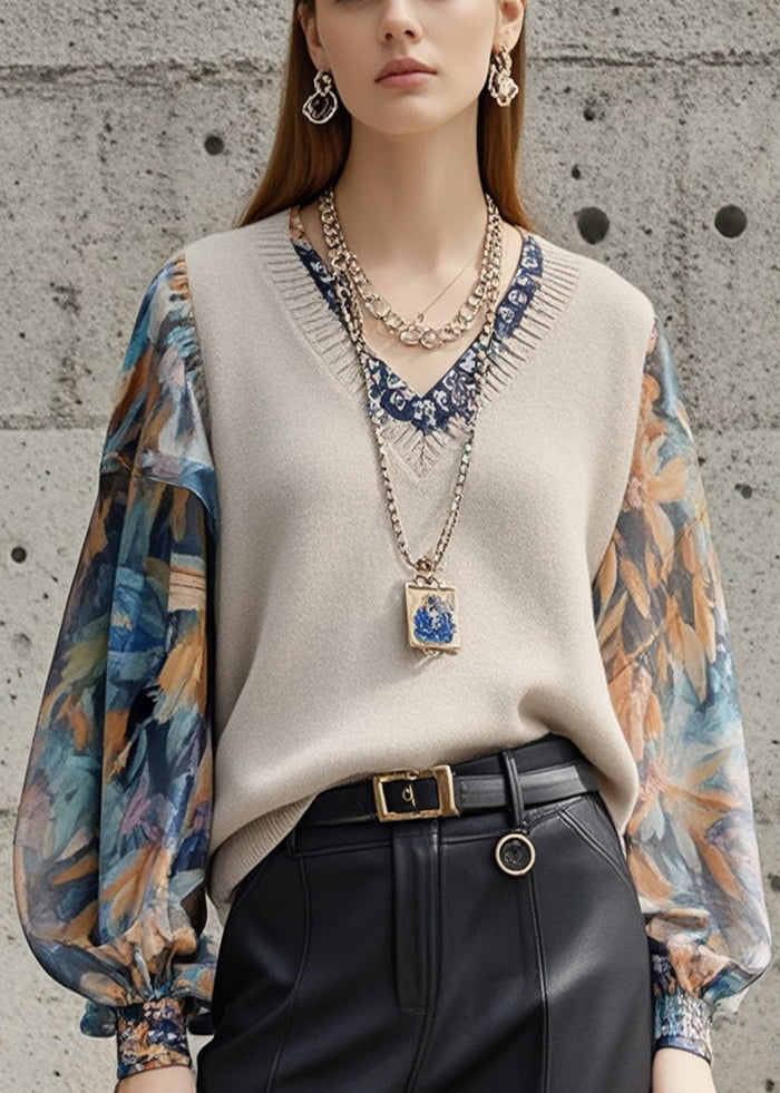 Light Camel Patchwork Print Sweater Tops Lantern Sleeve