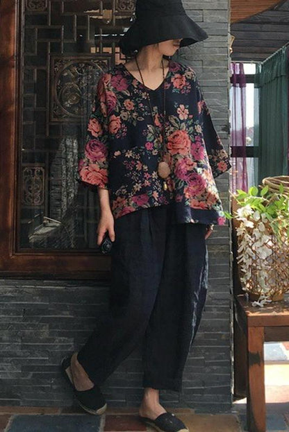 Limited Stock- Print V-neck Long Sleeve Cotton Blouse