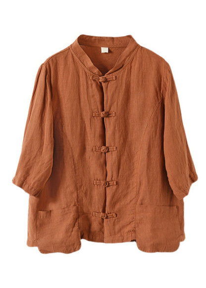 Orange Patchwork Linen Shirt Top Bracelet Sleeve