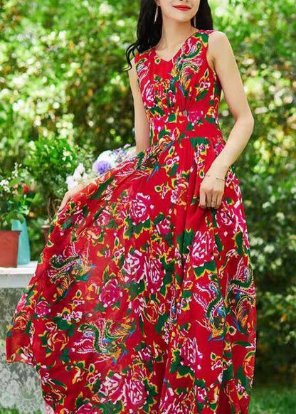 Red Print Exra Large Hem Chiffon Dresses Sleeveless