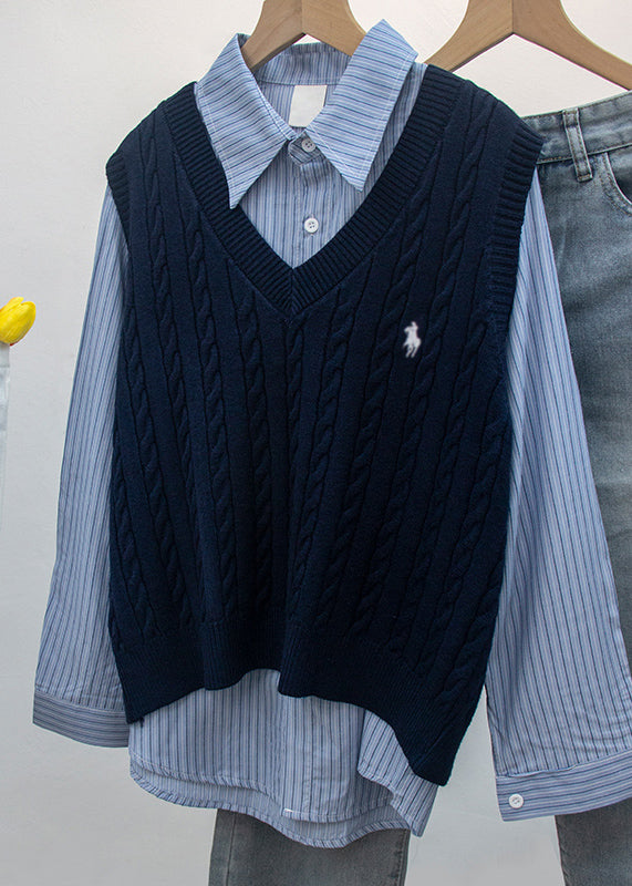 White V Neck Embroideried Knit Vest Sleeveless