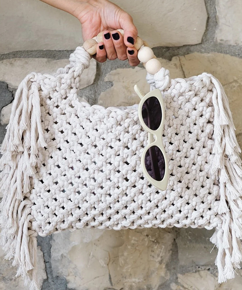 Blue Tasseled Hollow Out Knit Tote Handbag