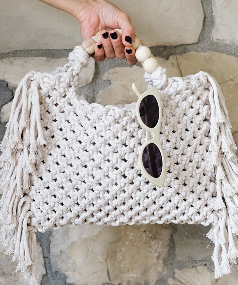 Blue Tasseled Hollow Out Knit Tote Handbag