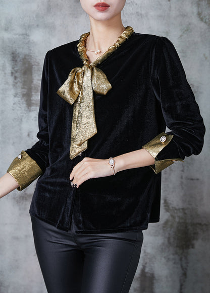 Black Bow Collar Silk Velour Shirt Top Spring