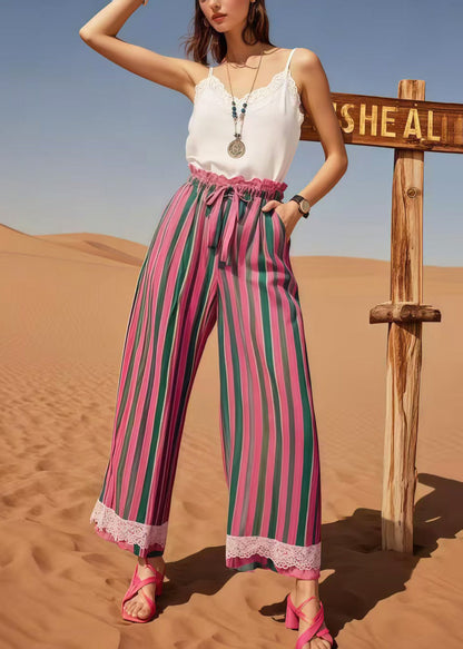 Multicolour Striped Patchwork Lace Straight Pants Summer
