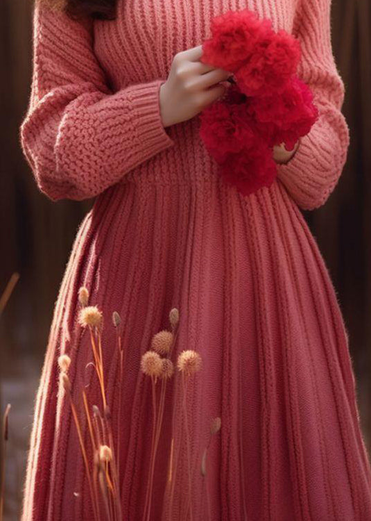 Pink O Neck High Waist Knit Sweater Dress Winter