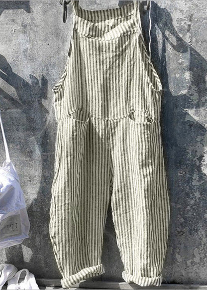 Yellow Striped Pockets Cotton Jumpsuits Summer