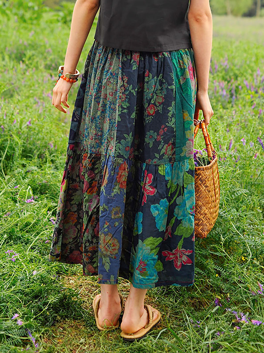 Retro Splicing Cloth Flower Printed Skirt