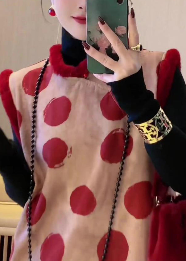 Art Red Stand Collar Dot Patchwork Thick Dress Sleeveless