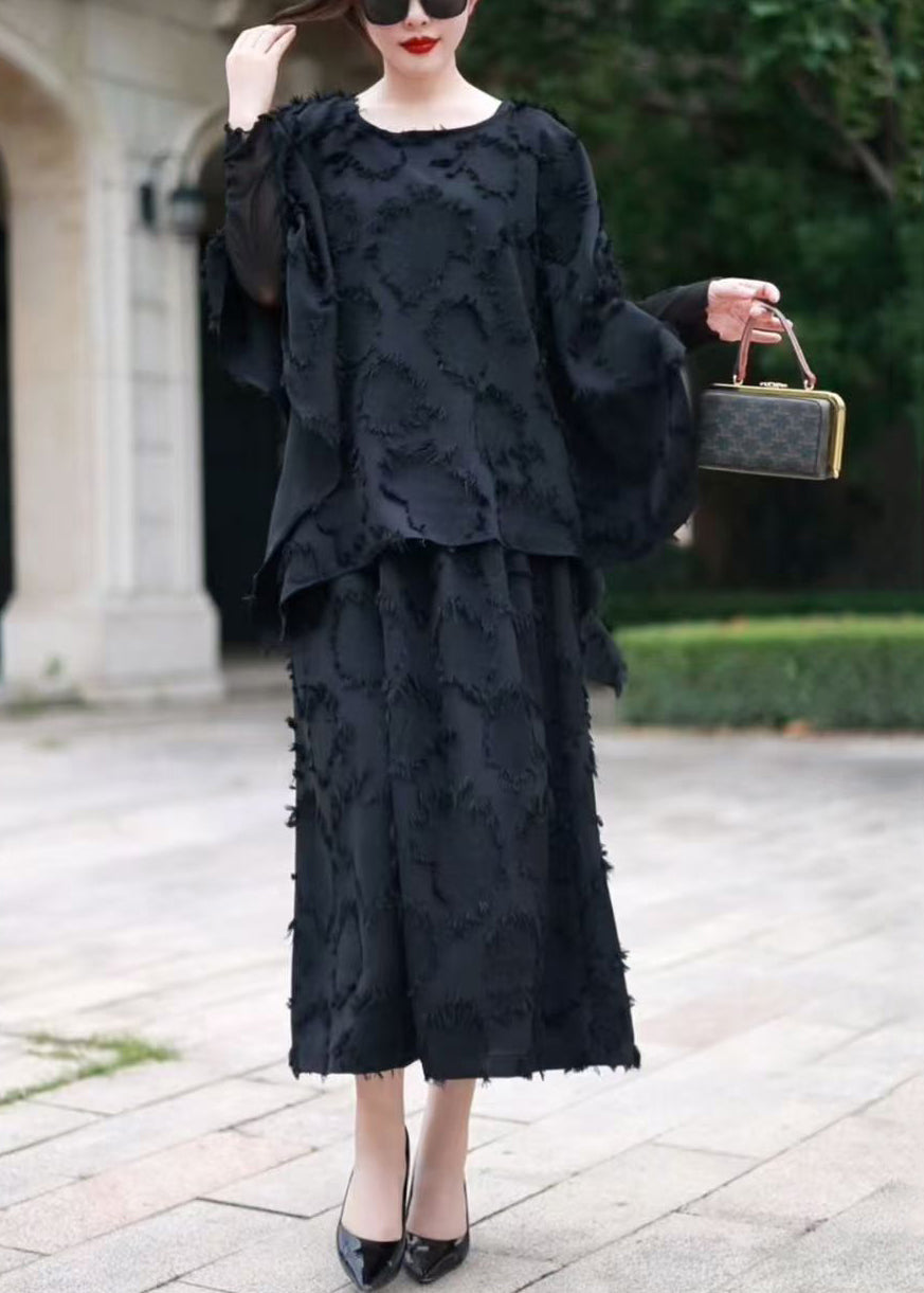 Loose Black O Neck Tops and Skirts Cotton Sets 2 Pieces Fall