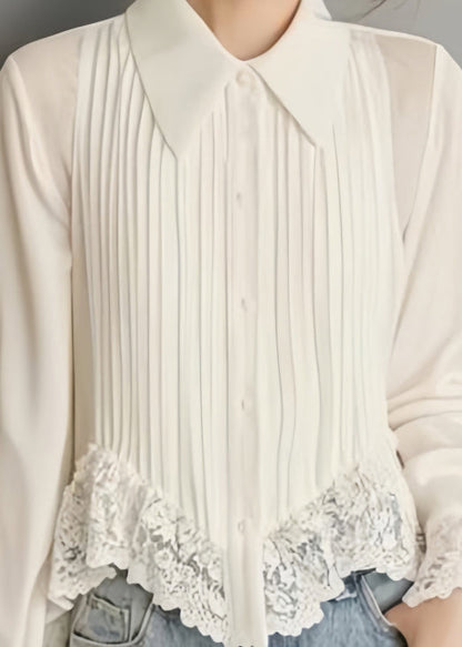 Art White Button Lace Chiffon Blouses Spring