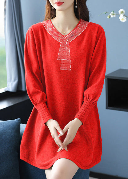 Tea Green V Neck Zircon Woolen Sweater Dress Winter